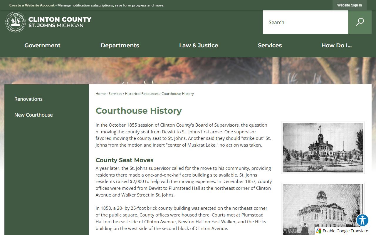 Clinton County Courthouse History page tied to court records access