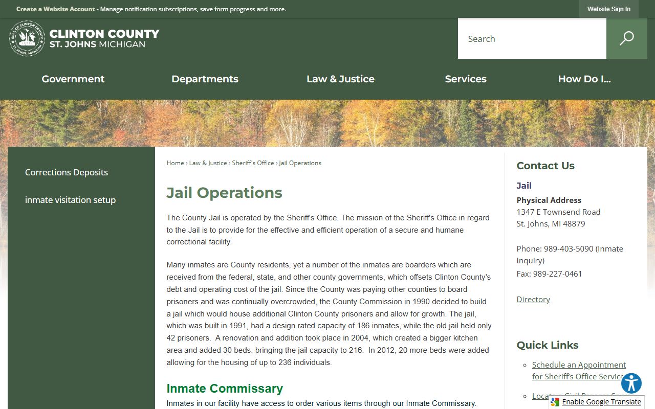 Clinton County Jail Operations page with inmate and custody records