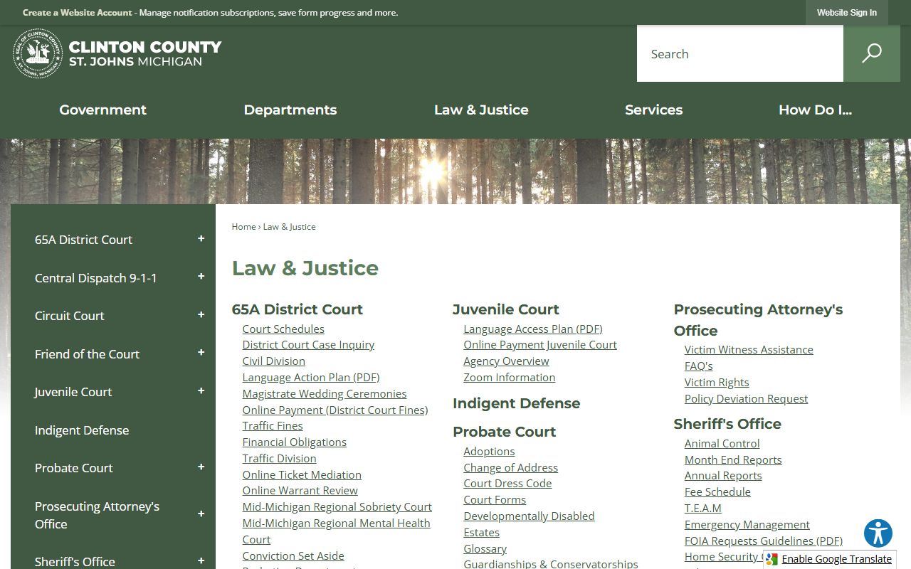 Clinton County Law and Justice page showing court records offices