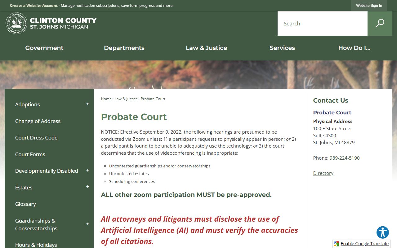 Clinton County Probate Court page for estate and guardianship court records